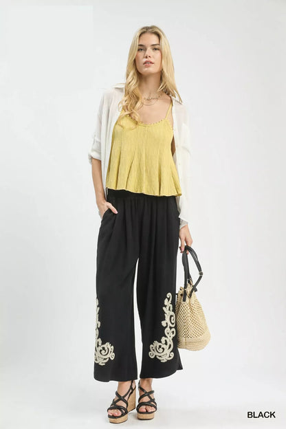 Umgee Linen Embroidered Wide - Leg Boho Pants - Bitsy Gypsy Boutique