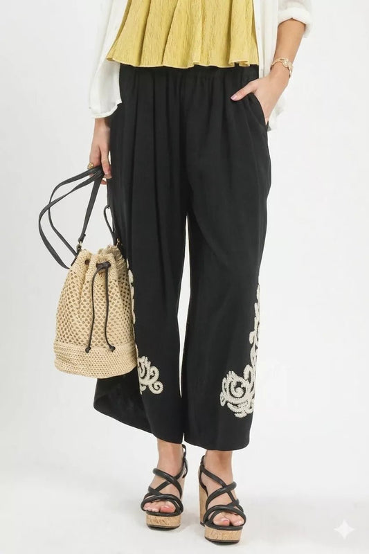 Umgee Linen Embroidered Wide - Leg Boho Pants - Bitsy Gypsy Boutique