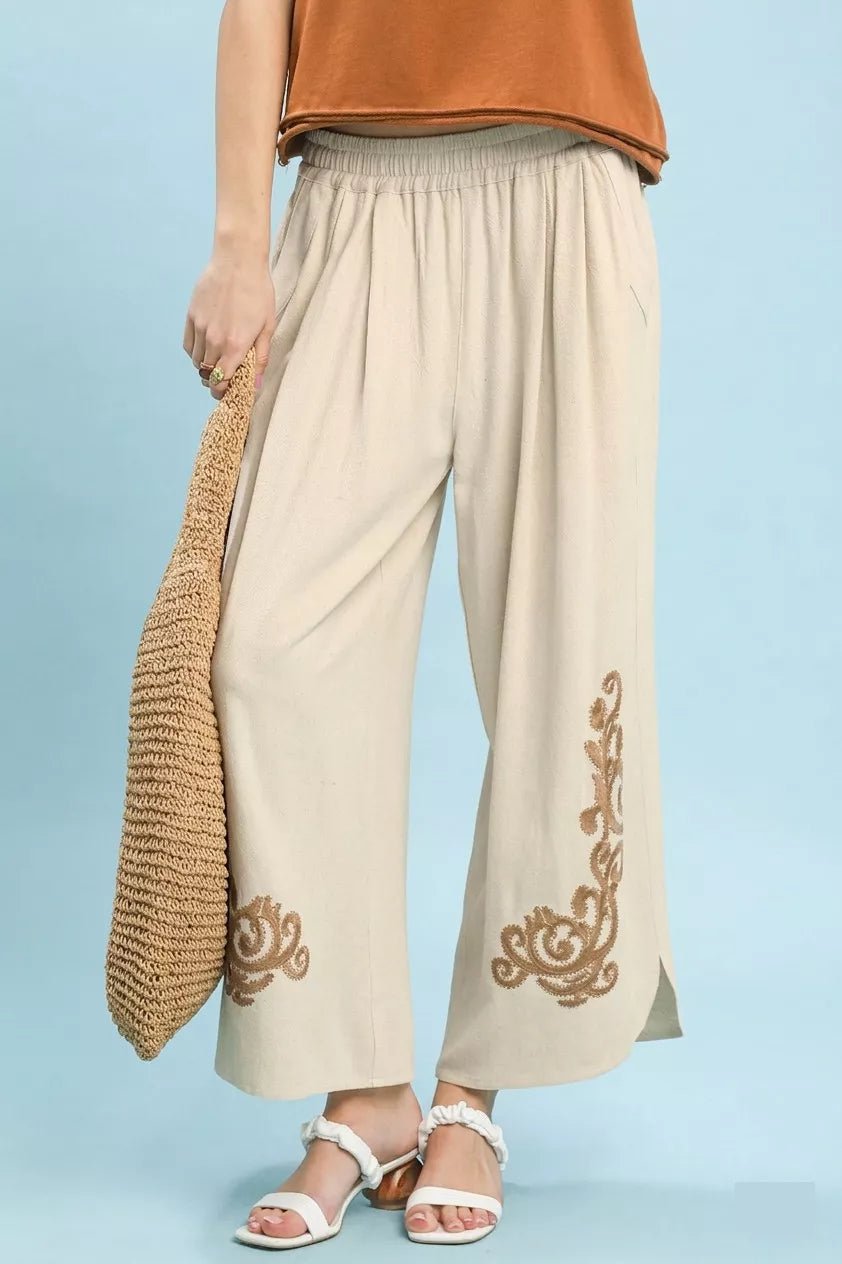 Umgee Linen Embroidered Wide - Leg Boho Pants - Bitsy Gypsy Boutique