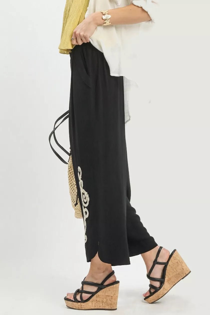 Umgee Linen Embroidered Wide - Leg Boho Pants - Bitsy Gypsy Boutique