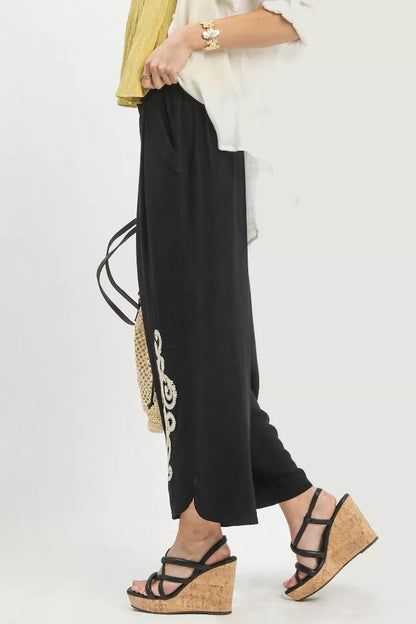 Umgee Linen Embroidered Wide - Leg Boho Pants - Bitsy Gypsy Boutique