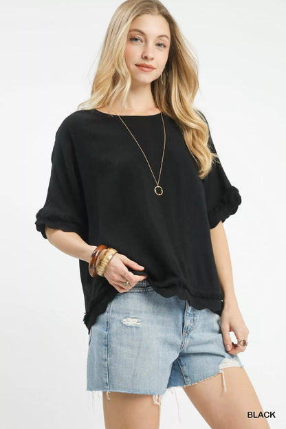 Umgee Linen Frayed Hem Scallop Edge Top - Bitsy Gypsy Boutique