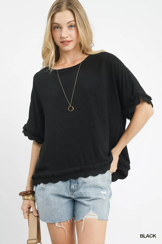 Umgee Linen Frayed Hem Scallop Edge Top - Bitsy Gypsy Boutique