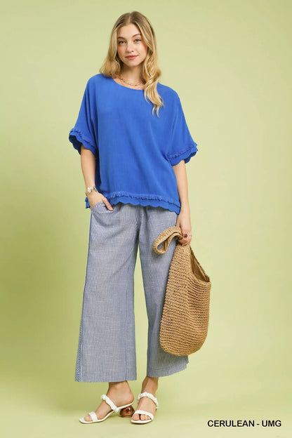 Umgee Linen Frayed Hem Scallop Edge Top - Bitsy Gypsy Boutique