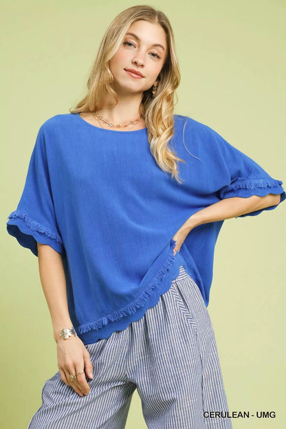 Umgee Linen Frayed Hem Scallop Edge Top - Bitsy Gypsy Boutique