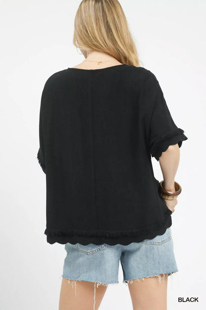 Umgee Linen Frayed Hem Scallop Edge Top - Bitsy Gypsy Boutique