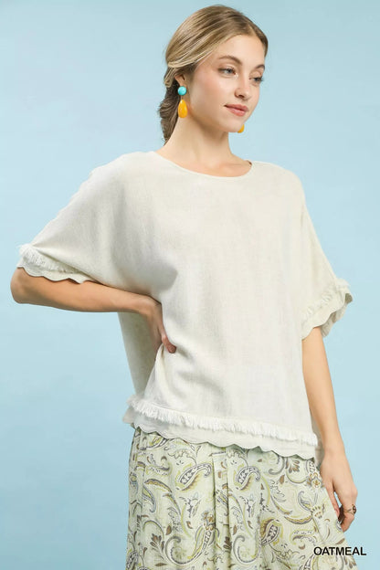 Umgee Linen Frayed Hem Scallop Edge Top - Bitsy Gypsy Boutique