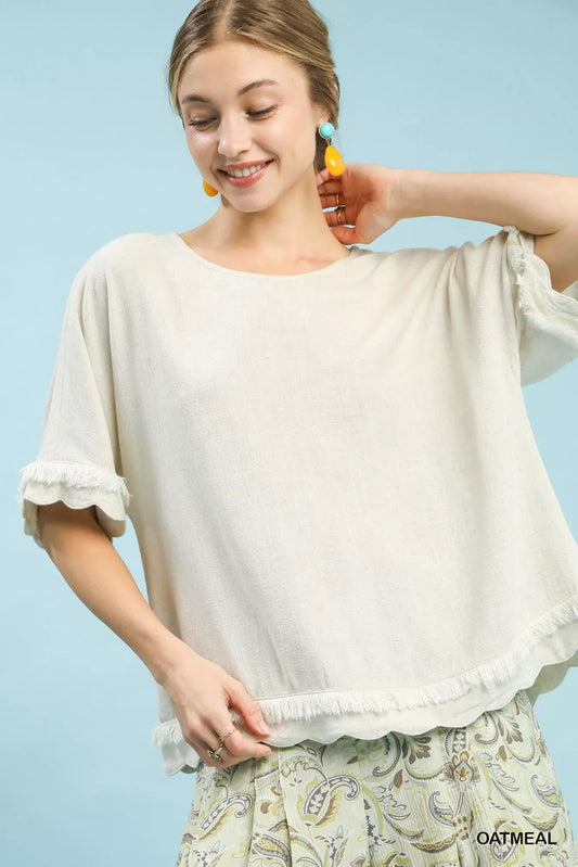 Umgee Linen Frayed Hem Scallop Edge Top - Bitsy Gypsy Boutique