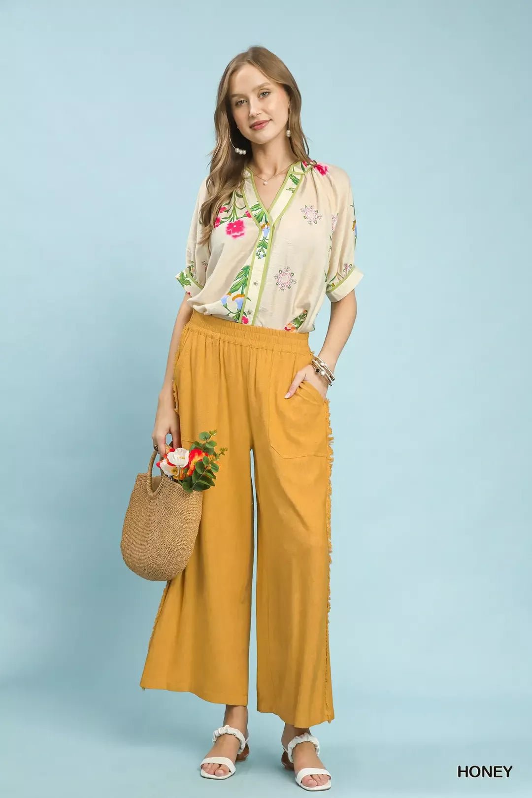 Umgee Linen Frayed Side Pocket Wide Leg Pants - Bitsy Gypsy Boutique