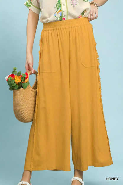 Umgee Linen Frayed Side Pocket Wide Leg Pants - Bitsy Gypsy Boutique