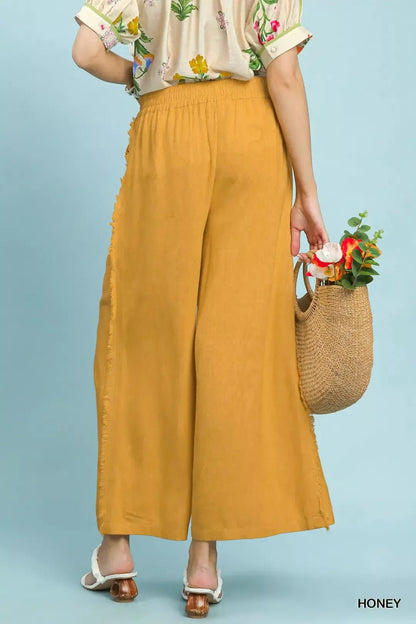 Umgee Linen Frayed Side Pocket Wide Leg Pants - Bitsy Gypsy Boutique