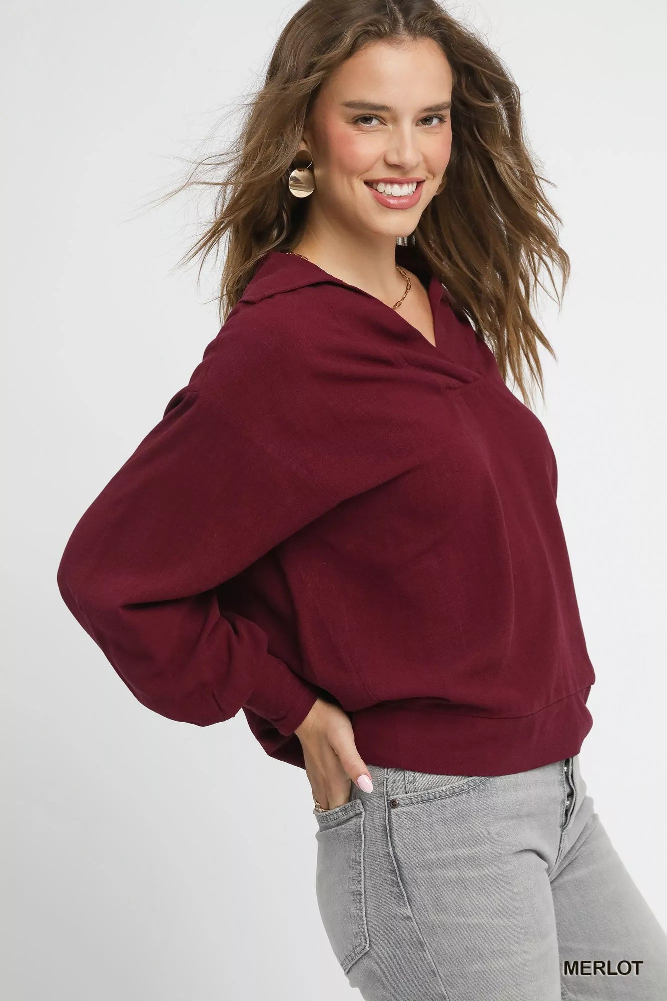 Umgee Linen Long Sleeves Elastic Hem Blouse - Bitsy Gypsy Boutique