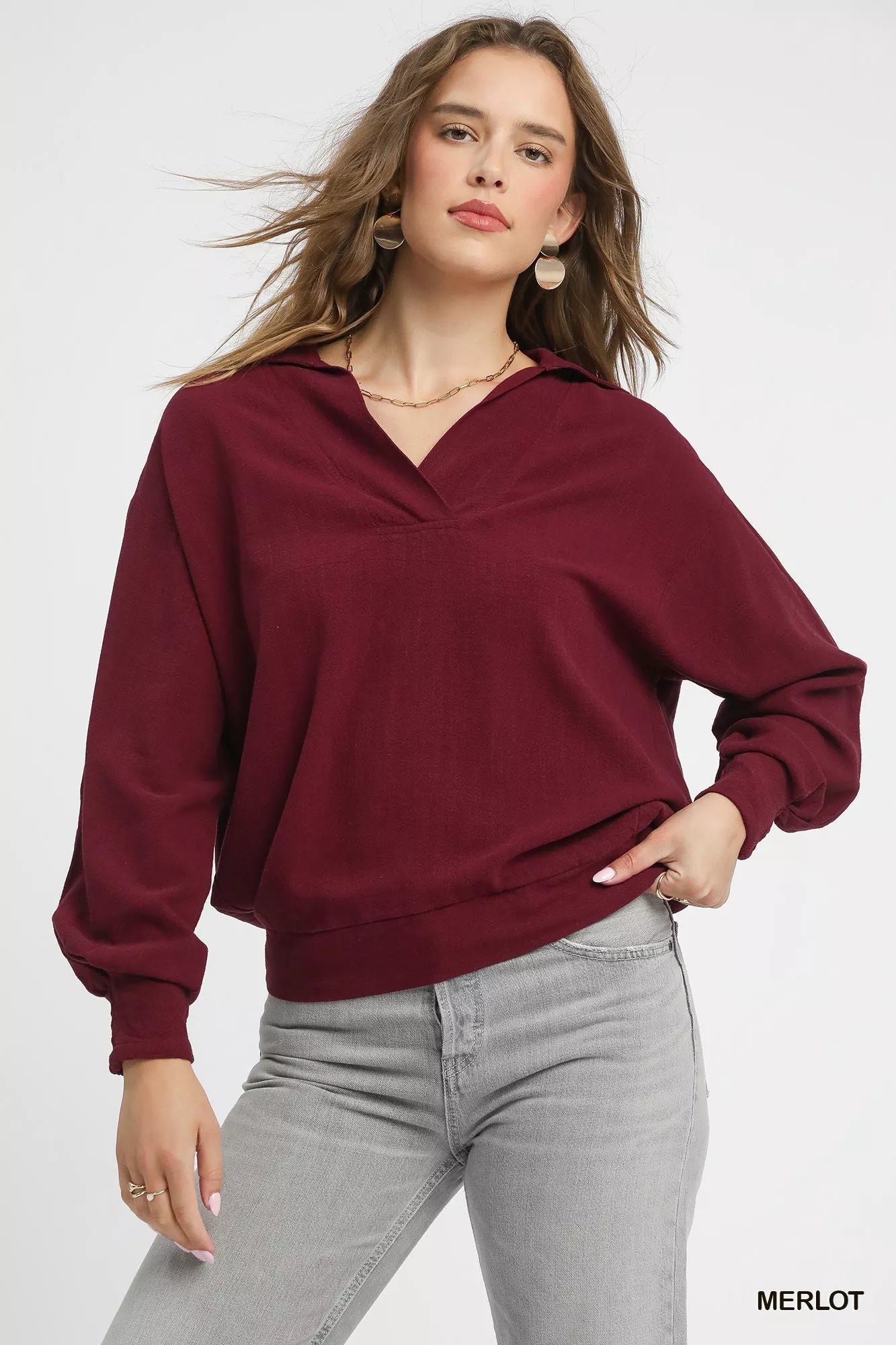 Umgee Linen Long Sleeves Elastic Hem Blouse - Bitsy Gypsy Boutique
