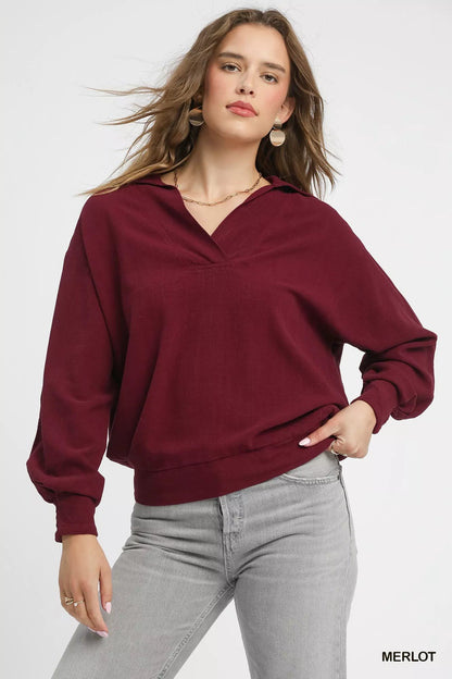 Umgee Linen Long Sleeves Elastic Hem Blouse - Bitsy Gypsy Boutique