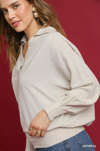 Umgee Linen Long Sleeves Elastic Hem Blouse - Bitsy Gypsy Boutique