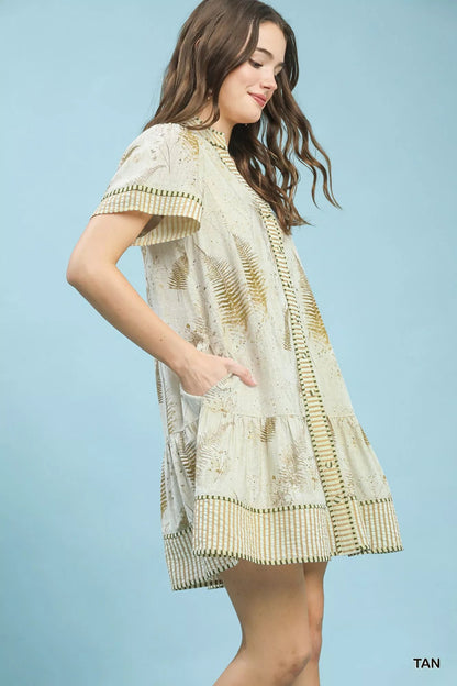 Umgee Linen Printed Button - Front Tiered Mini Dress - Bitsy Gypsy Boutique