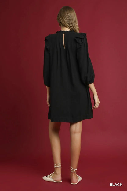 Umgee Linen Ruffle Shoulder Pleated Babydoll Dress - Bitsy Gypsy Boutique