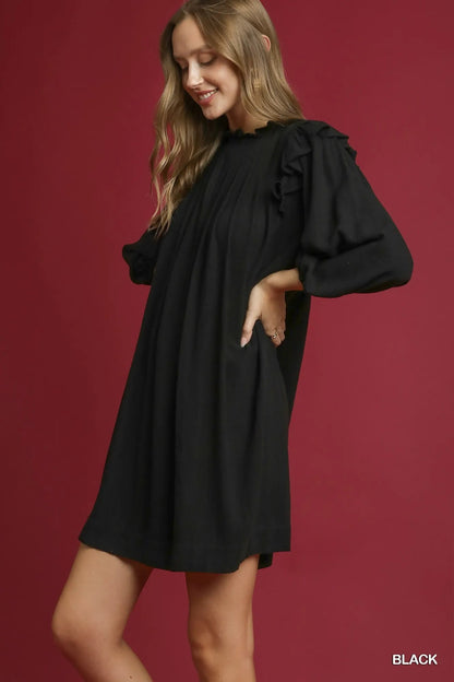 Umgee Linen Ruffle Shoulder Pleated Babydoll Dress - Bitsy Gypsy Boutique