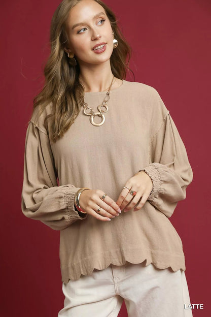 Umgee Linen Scallop Hem Long Sleeve Blouse - Bitsy Gypsy Boutique