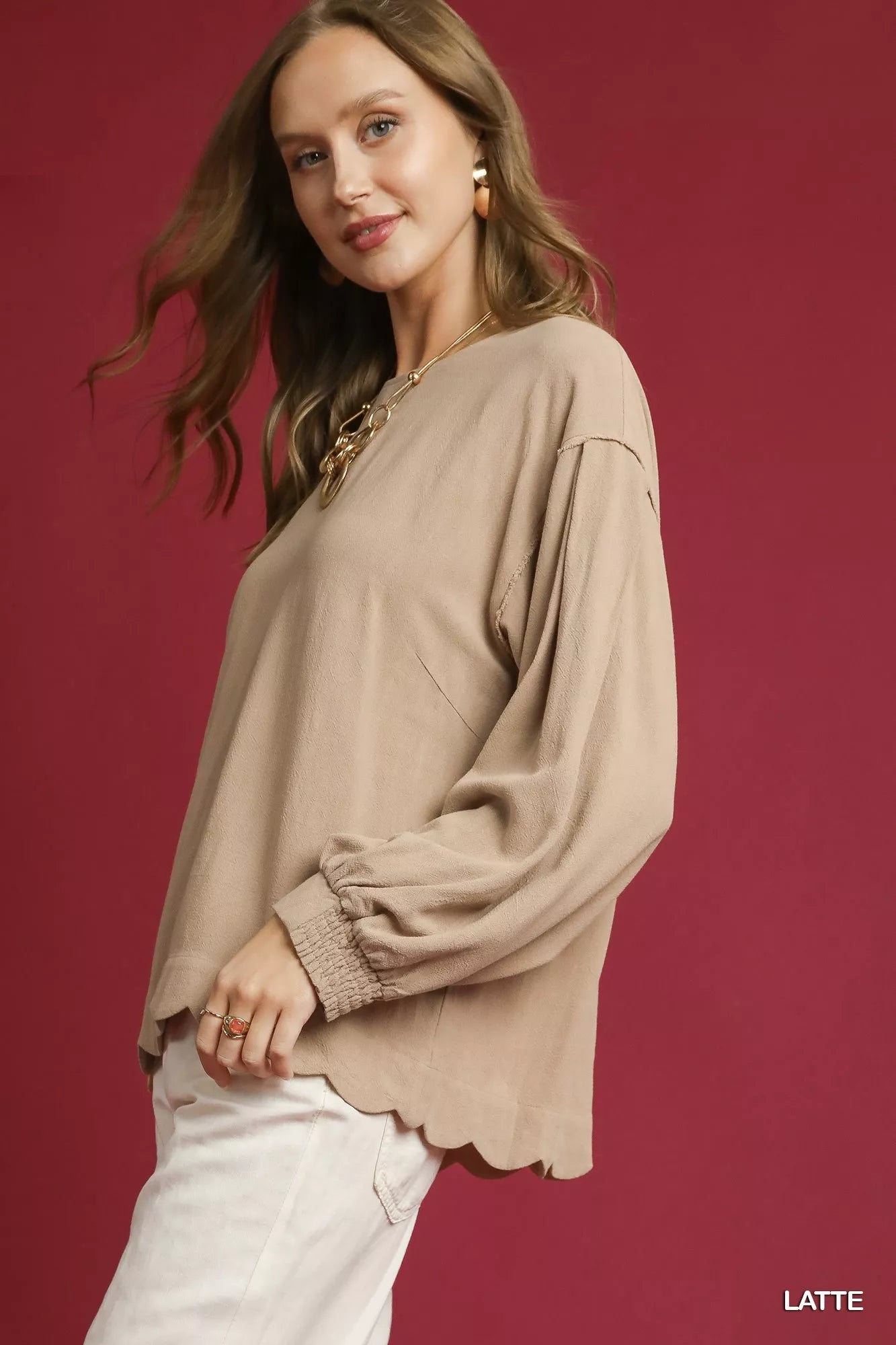 Umgee Linen Scallop Hem Long Sleeve Blouse - Bitsy Gypsy Boutique