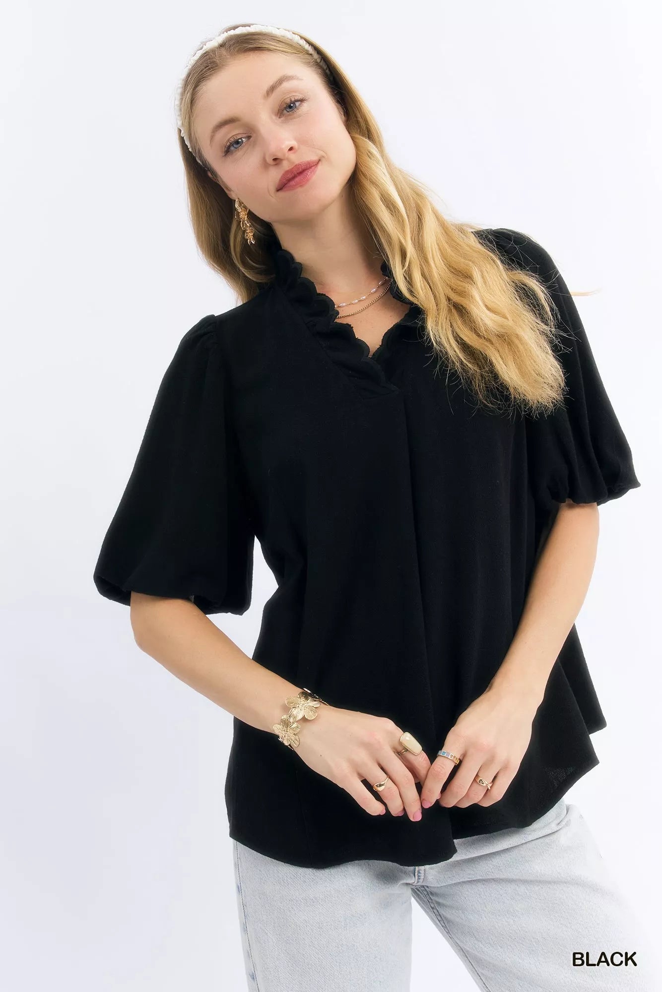 Umgee Linen Scallop Trim V - Neck Blouse - Bitsy Gypsy Boutique