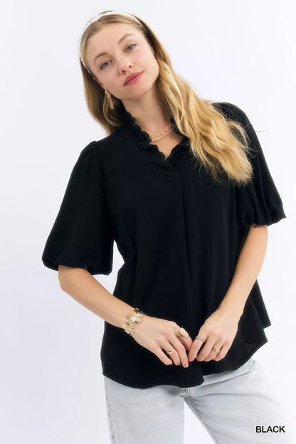 Umgee Linen Scallop Trim V - Neck Blouse - Bitsy Gypsy Boutique