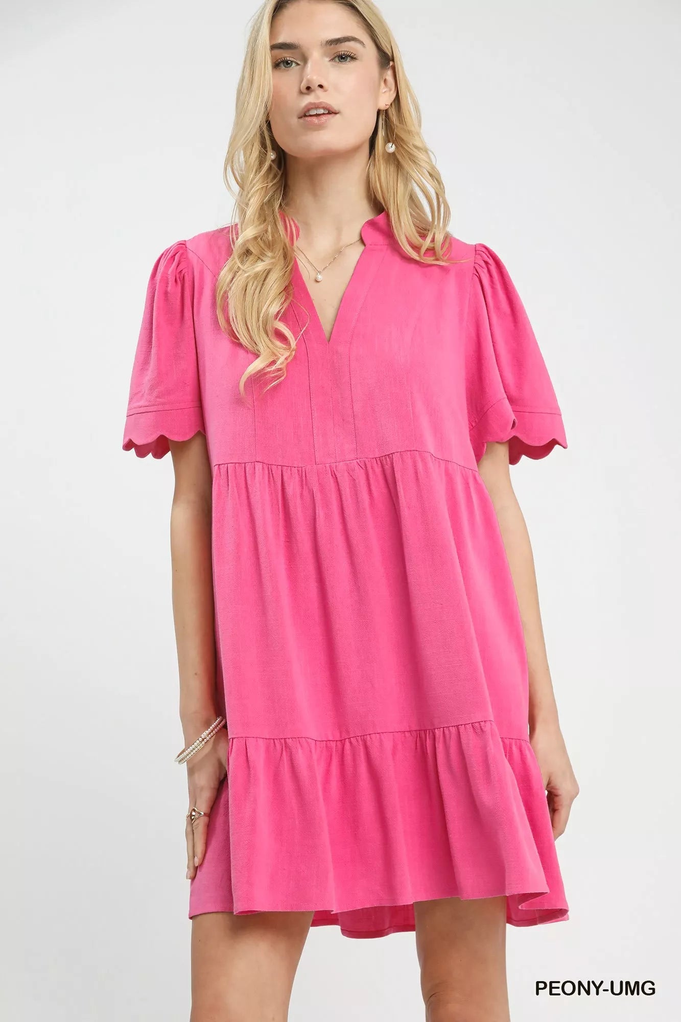 Umgee Linen Tiered Babydoll Dress with Scalloped Sleeves - Bitsy Gypsy Boutique