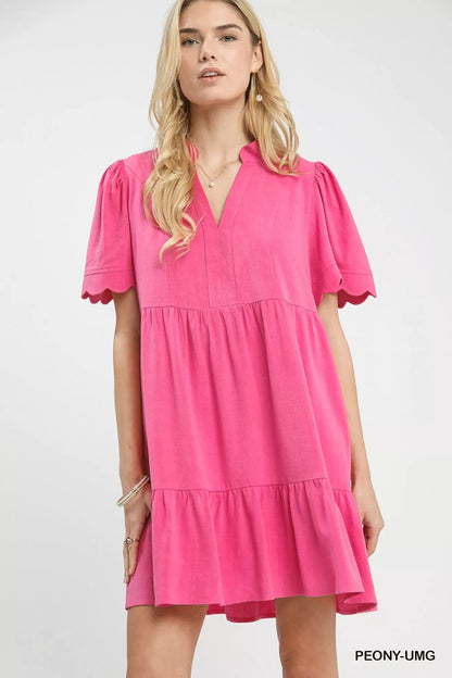 Umgee Linen Tiered Babydoll Dress with Scalloped Sleeves - Bitsy Gypsy Boutique
