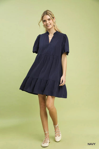 Umgee Linen Tiered Babydoll Dress with Scalloped Sleeves - Bitsy Gypsy Boutique