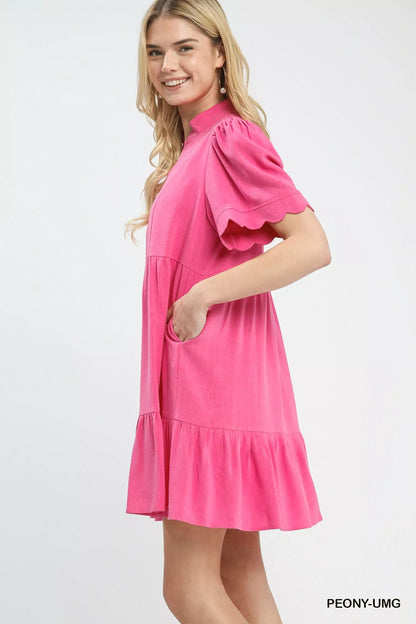 Umgee Linen Tiered Babydoll Dress with Scalloped Sleeves - Bitsy Gypsy Boutique