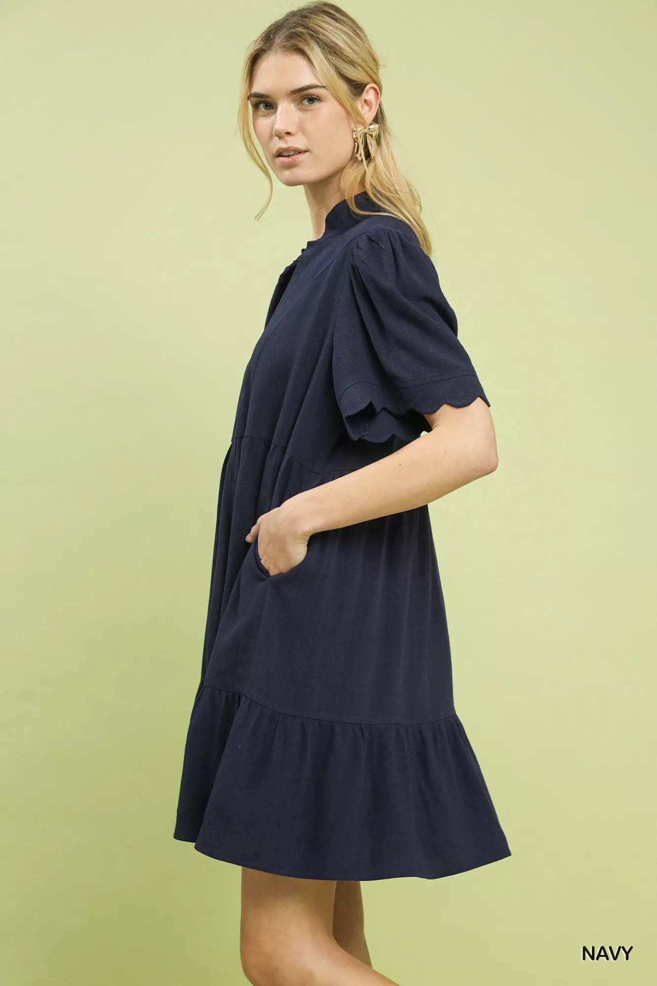 Umgee Linen Tiered Babydoll Dress with Scalloped Sleeves - Bitsy Gypsy Boutique