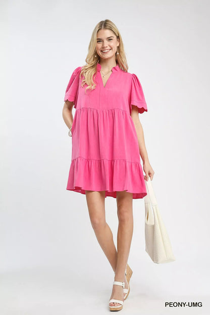 Umgee Linen Tiered Babydoll Dress with Scalloped Sleeves - Bitsy Gypsy Boutique