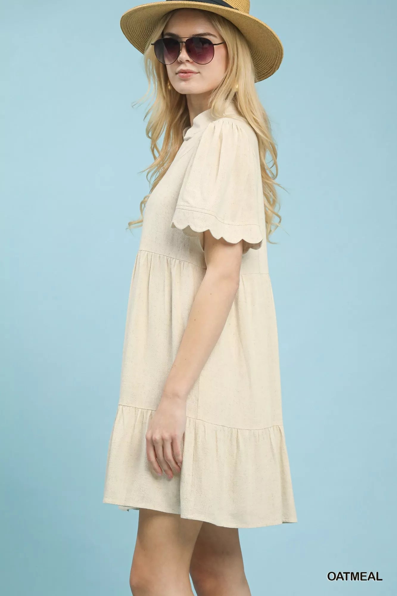 Umgee Linen Tiered Babydoll Dress with Scalloped Sleeves - Bitsy Gypsy Boutique