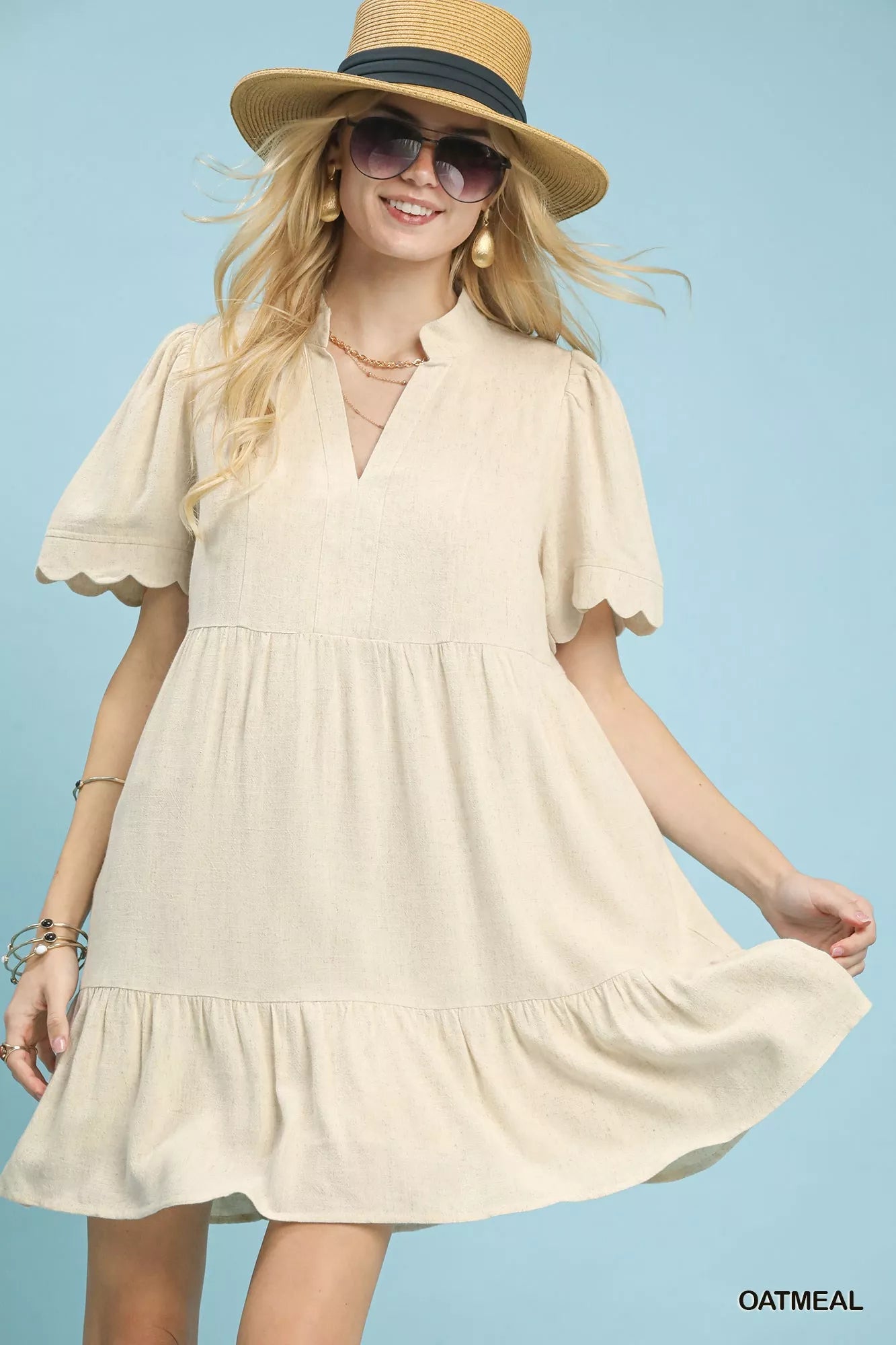Umgee Linen Tiered Babydoll Dress with Scalloped Sleeves - Bitsy Gypsy Boutique