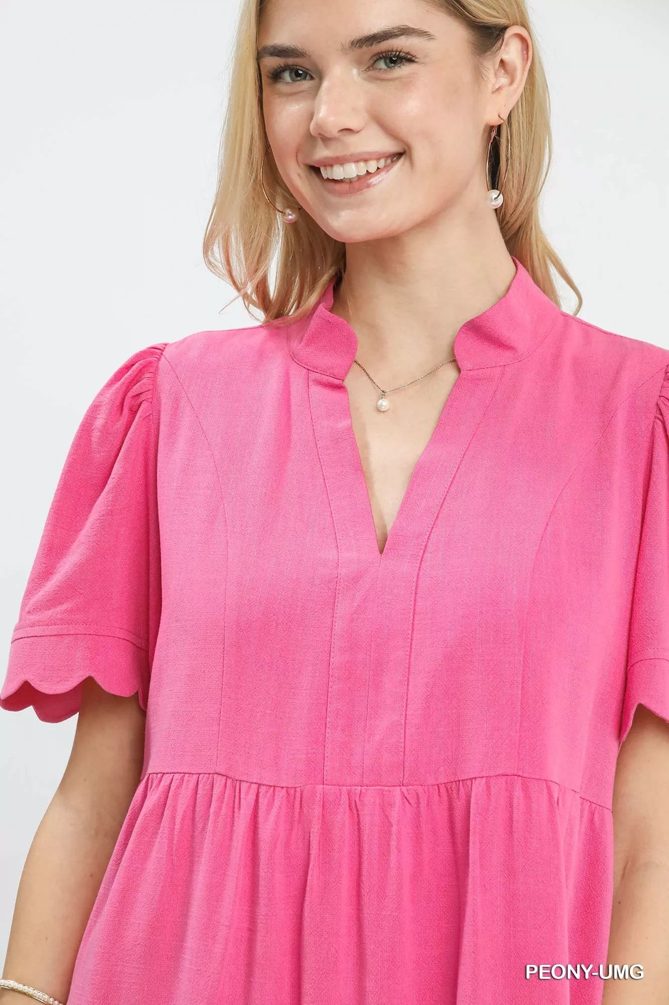 Umgee Linen Tiered Babydoll Dress with Scalloped Sleeves - Bitsy Gypsy Boutique