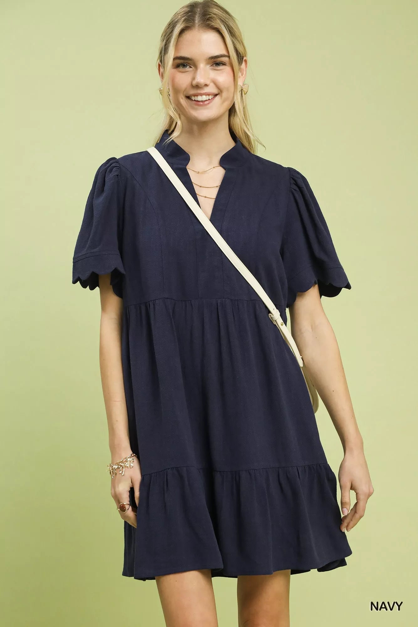 Umgee Linen Tiered Babydoll Dress with Scalloped Sleeves - Bitsy Gypsy Boutique