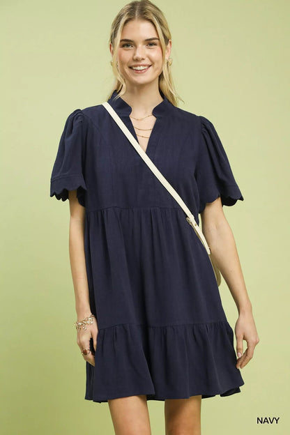 Umgee Linen Tiered Babydoll Dress with Scalloped Sleeves - Bitsy Gypsy Boutique