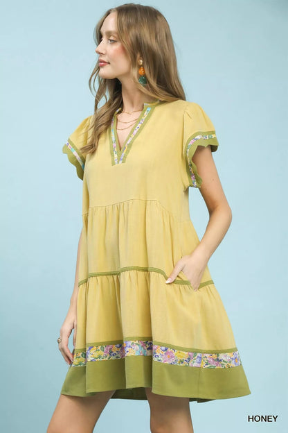 Umgee Linen Tiered Flutter Sleeve Dress with Floral Trim - Bitsy Gypsy Boutique