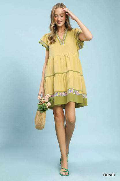Umgee Linen Tiered Flutter Sleeve Dress with Floral Trim - Bitsy Gypsy Boutique