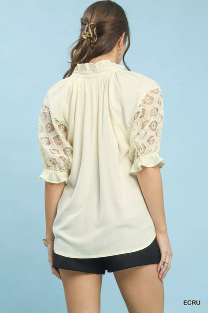 Umgee Linen V - Neck Lace Puff Sleeve Top - Bitsy Gypsy Boutique