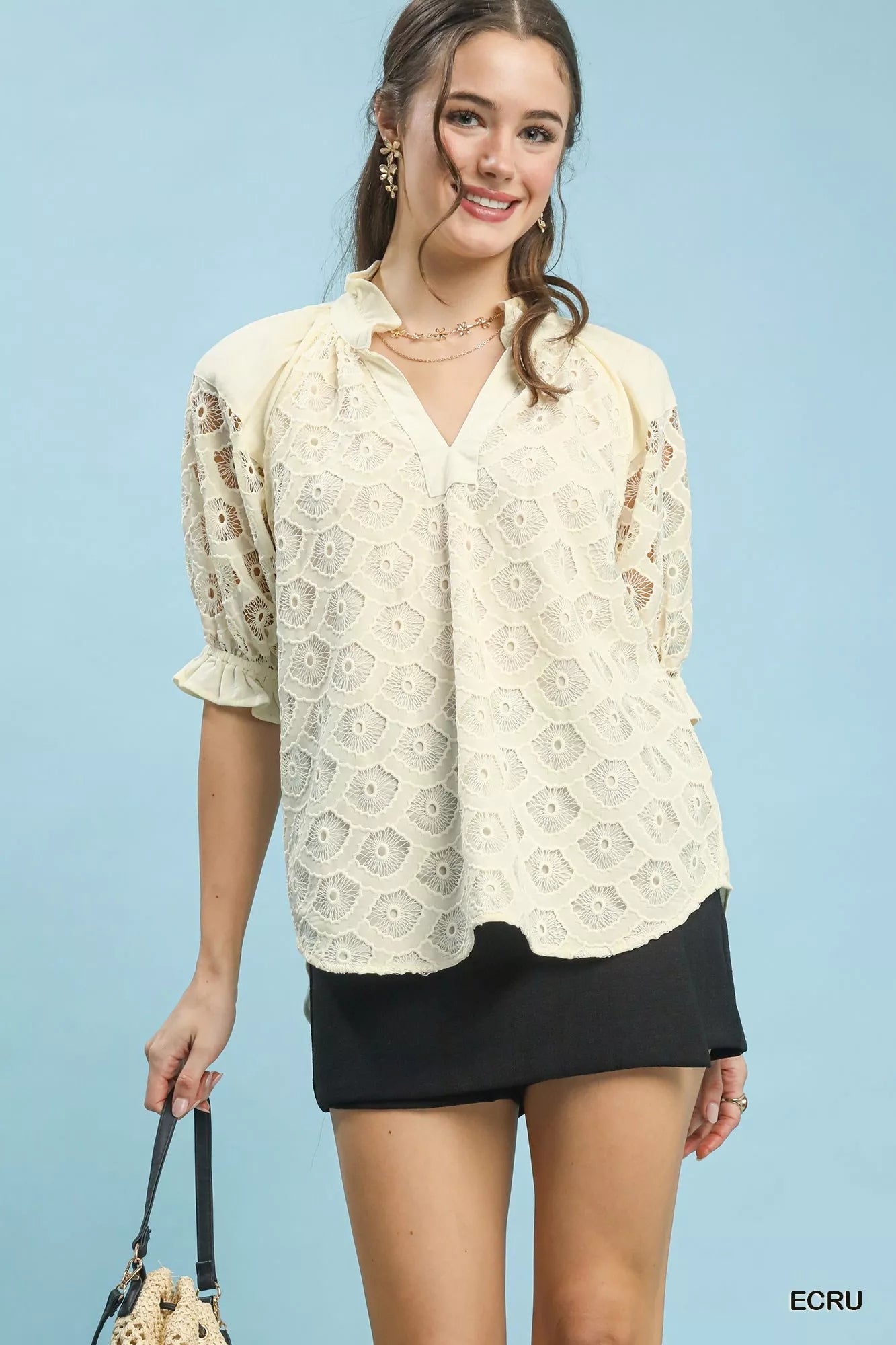 Umgee Linen V - Neck Lace Puff Sleeve Top - Bitsy Gypsy Boutique