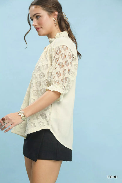 Umgee Linen V - Neck Lace Puff Sleeve Top - Bitsy Gypsy Boutique