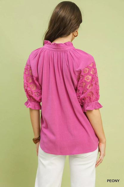 Umgee Linen V - Neck Lace Puff Sleeve Top - Bitsy Gypsy Boutique
