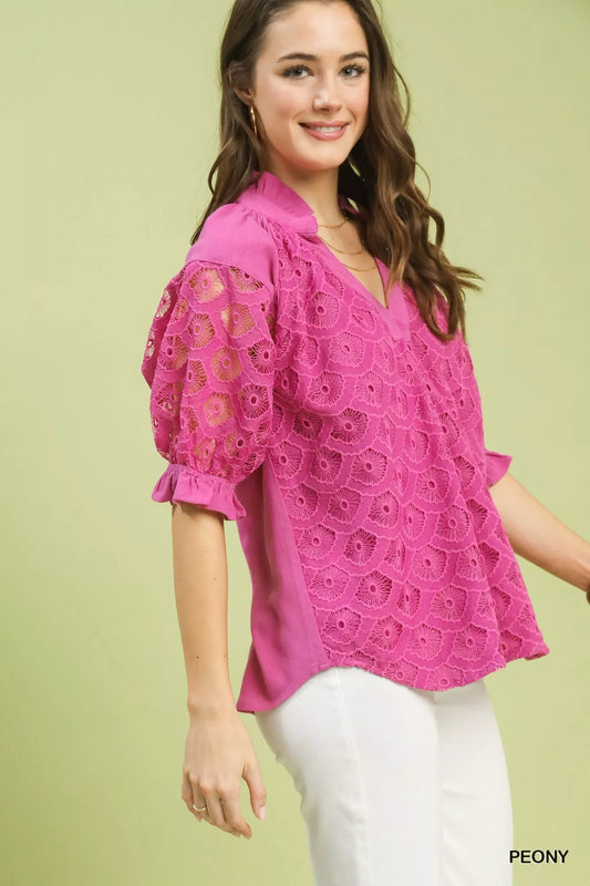 Umgee Linen V - Neck Lace Puff Sleeve Top - Bitsy Gypsy Boutique