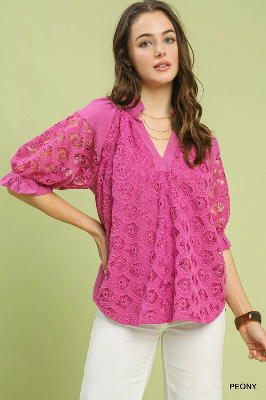 Umgee Linen V - Neck Lace Puff Sleeve Top - Bitsy Gypsy Boutique