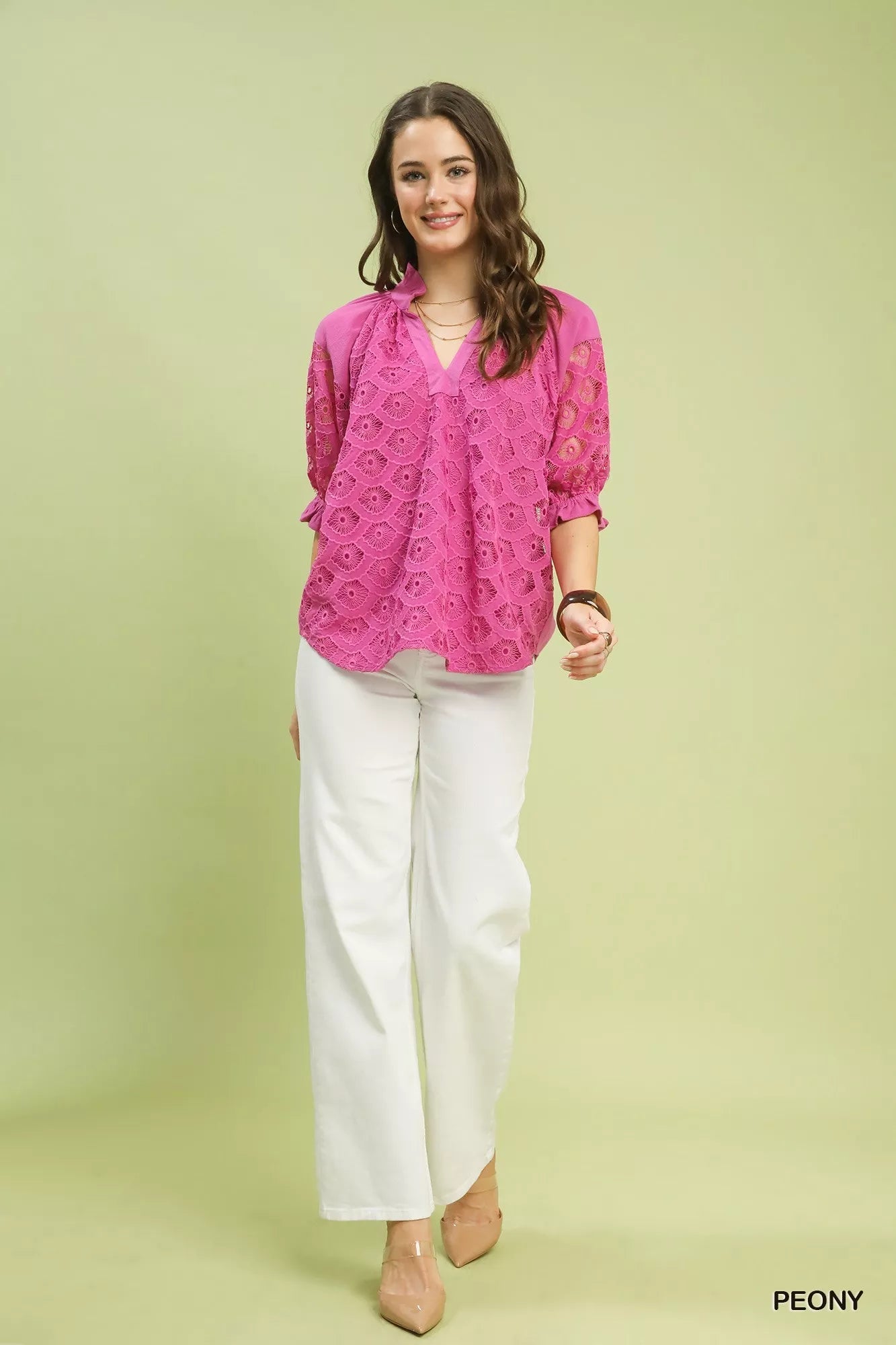 Umgee Linen V - Neck Lace Puff Sleeve Top - Bitsy Gypsy Boutique