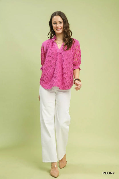 Umgee Linen V - Neck Lace Puff Sleeve Top - Bitsy Gypsy Boutique