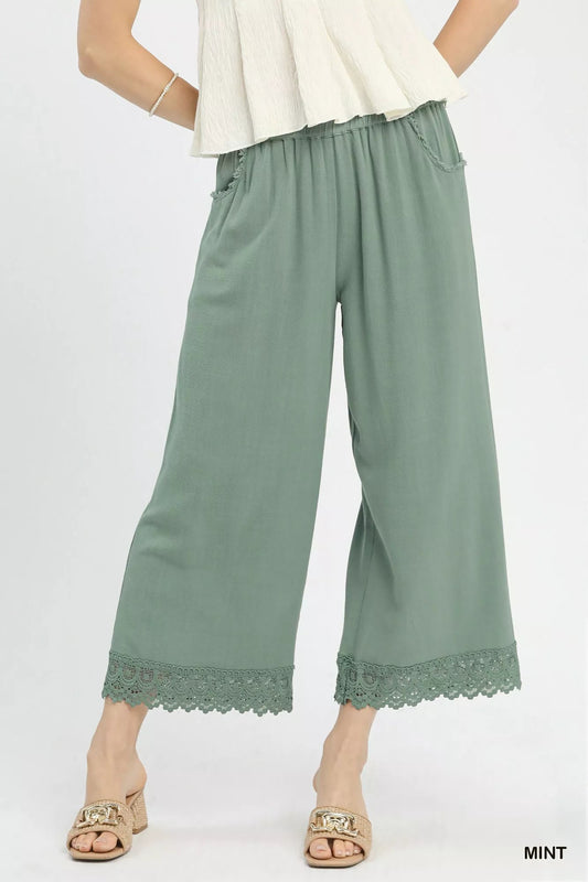 Umgee Linen Wide Leg Cropped Pants with Lace Trim - Bitsy Gypsy Boutique