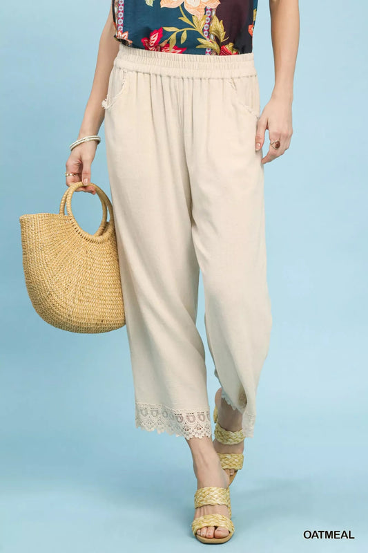 Umgee Linen Wide Leg Cropped Pants with Lace Trim - Bitsy Gypsy Boutique