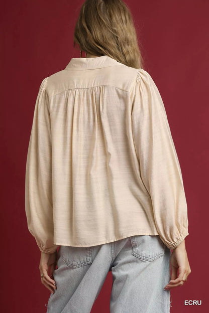 Umgee Long Sleeve Blouse with Leopard Print Trim - Bitsy Gypsy Boutique